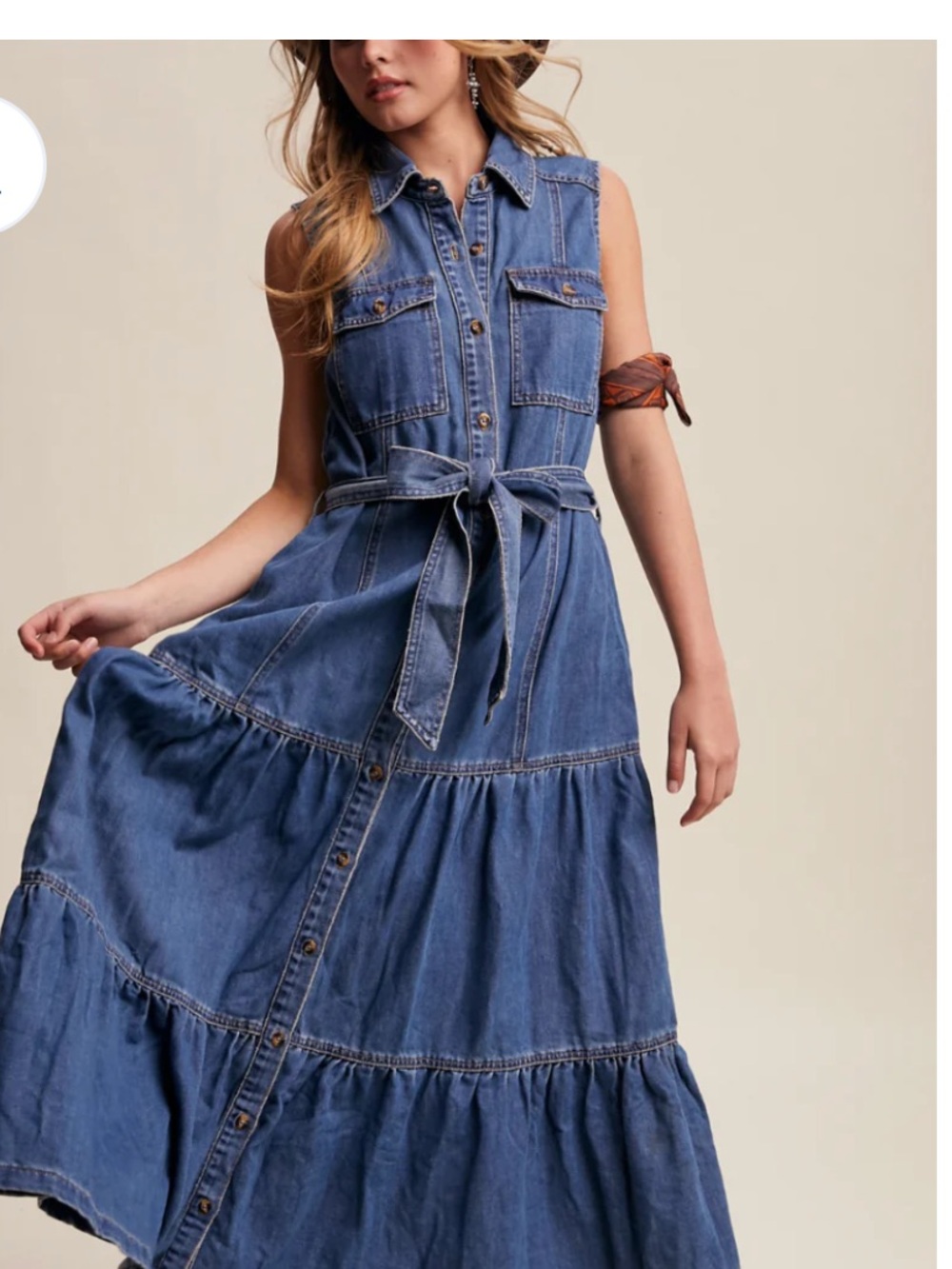 NWT Boutique Sleeveless Denim Tiered Maxi Dress with Waist Tie - Blue